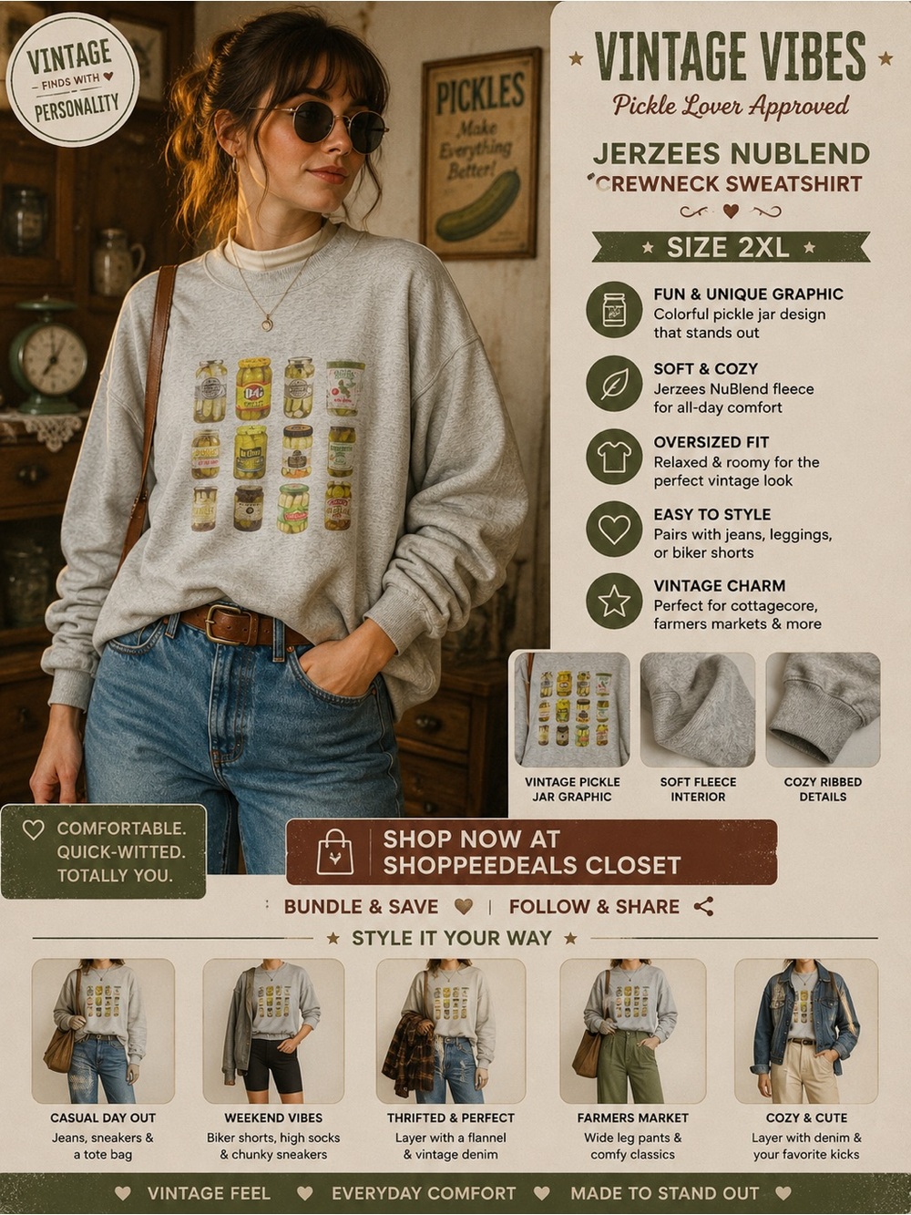 Vintage Pickle Jars Graphic Crewneck Sweatshirt Gray Oversized 2XL Funny Foodie